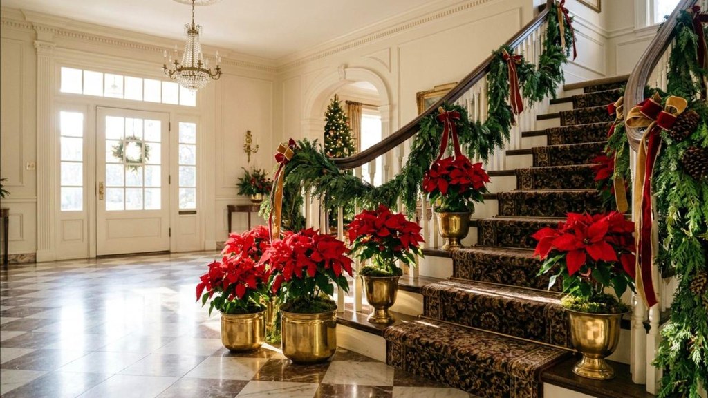 Group of red poinsettias in polished brass pots in a sunny entry hall