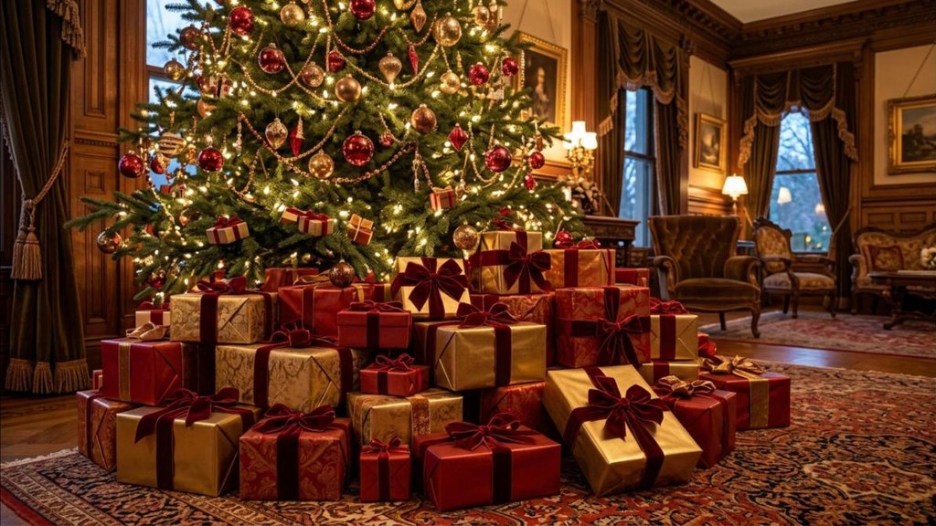 Biltmore Christmas gift boxes in gold and red paper with velvet bows stacked under a tree