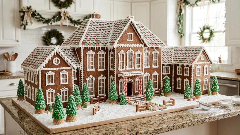 Biltmore Christmas inspired gingerbread mansion with royal icing and powdered sugar snow