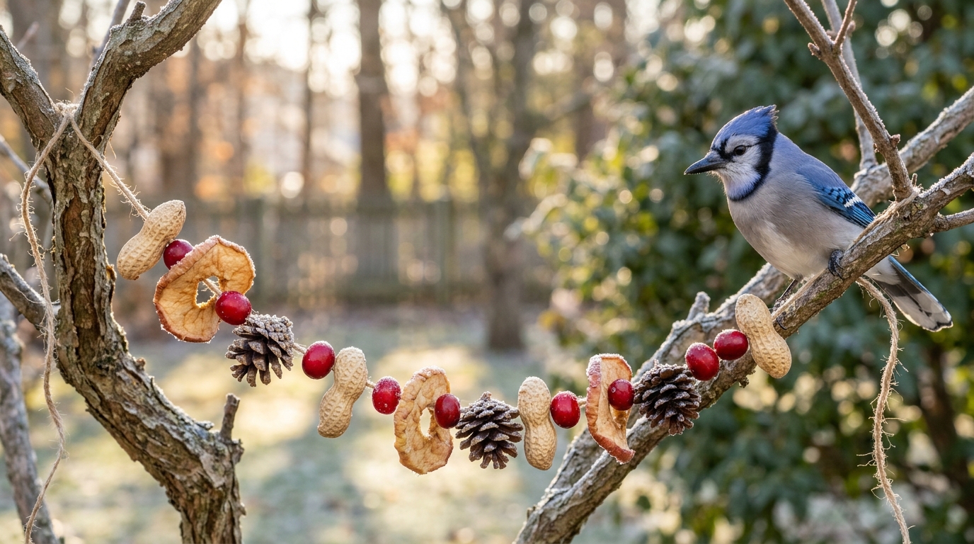 Garland of peanuts, apple rings, cranberries and pinecones with a blue jay