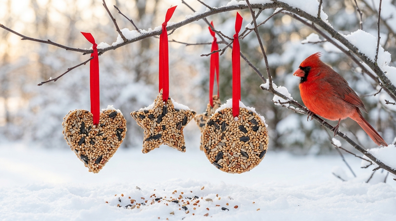 Heart and star birdseed ornaments hanging on red ribbons in winter, easy DIY bird feeders