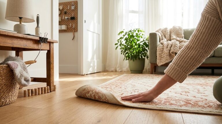Bizarre home hacks: a hand smoothing a curled rug corner flat in a bright living room