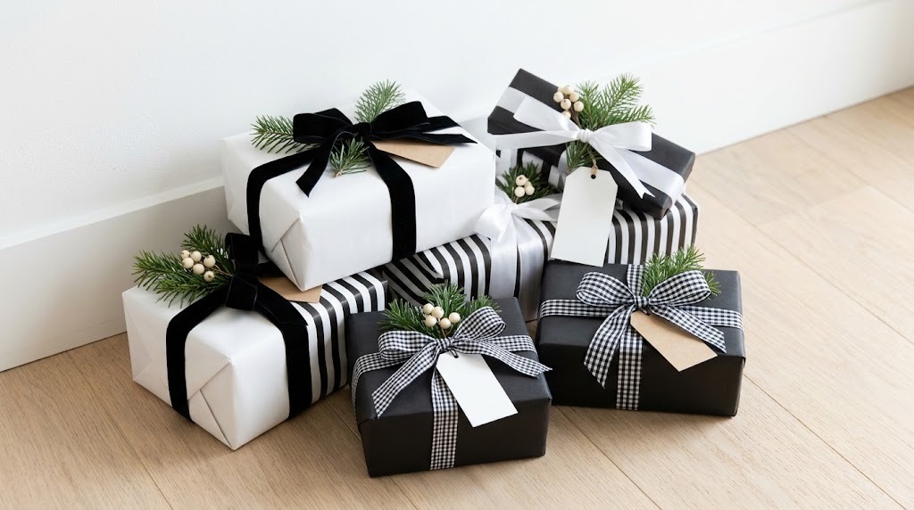 Black and white Christmas decor gifts wrapped in striped, white and black paper with velvet and gingham ribbon