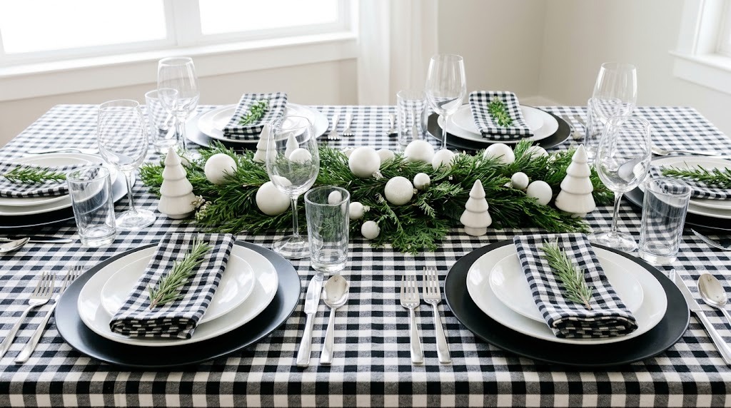 Black and white Christmas decor on a dinner table with a gingham cloth, black chargers and rosemary napkins