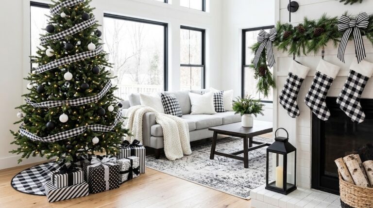 Black and white Christmas decor in a bright living room with a buffalo check tree, plaid stockings and striped gifts