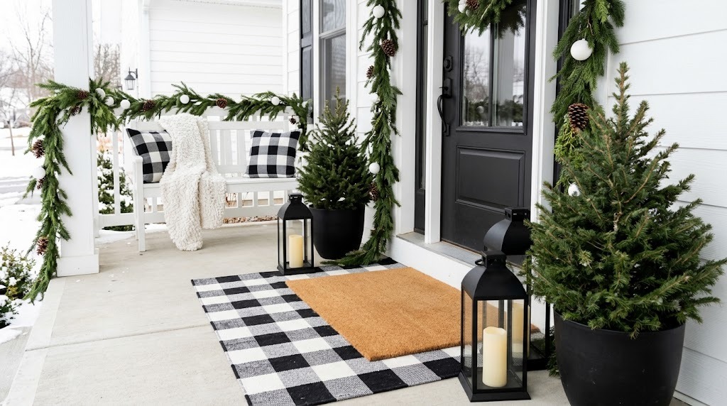 Black and white Christmas decor on a farmhouse porch with a buffalo check rug, black lanterns and a white bench