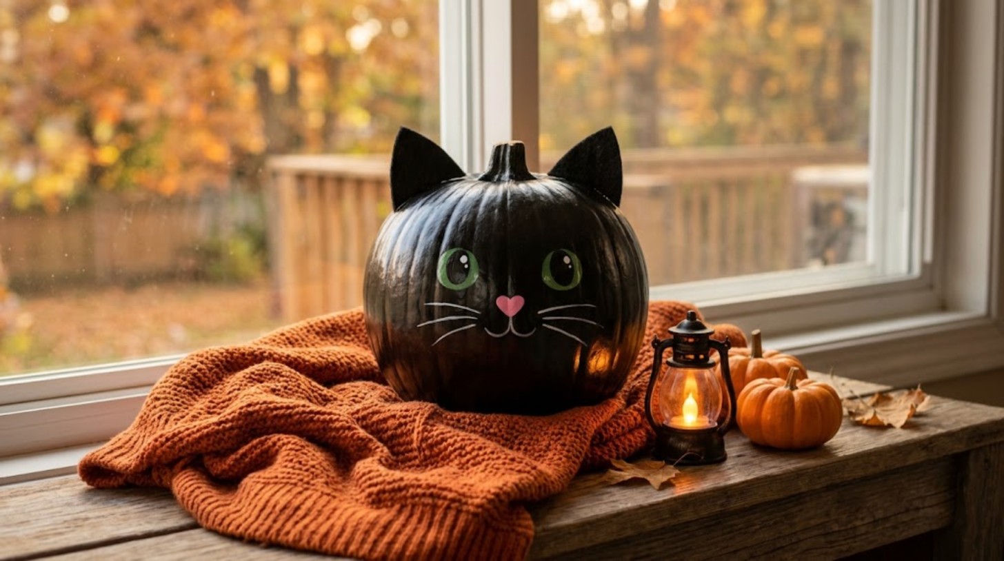 No-carve pumpkin ideas: black painted pumpkin with felt cat ears, green eyes and white whiskers on a windowsill