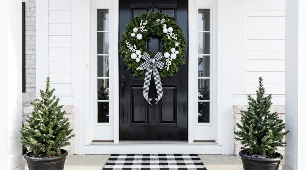 Evergreen wreath with a black and white houndstooth bow on a glossy black front door with a check doormat