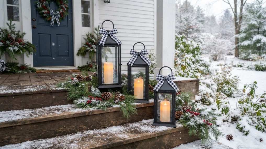 Outdoor plaid Christmas decor with black and white check bows on LED lanterns