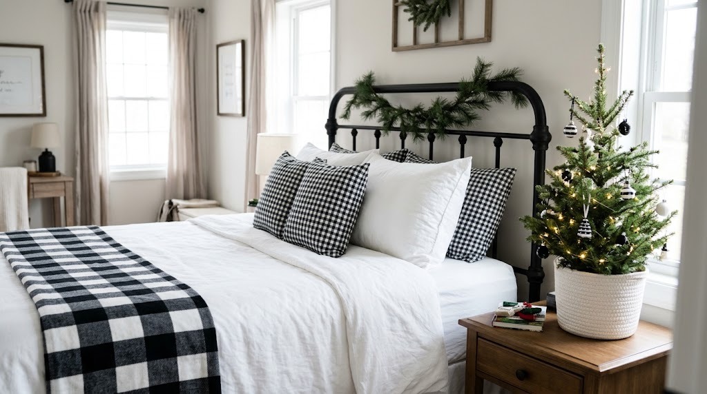 Black and white Christmas decor in a bedroom with a buffalo check throw, gingham pillows and a small lit tree