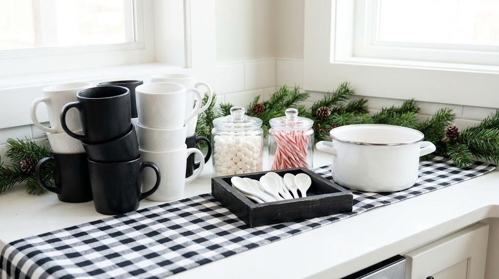 Hot cocoa bar with black and white mugs, marshmallow and peppermint jars on a gingham runner
