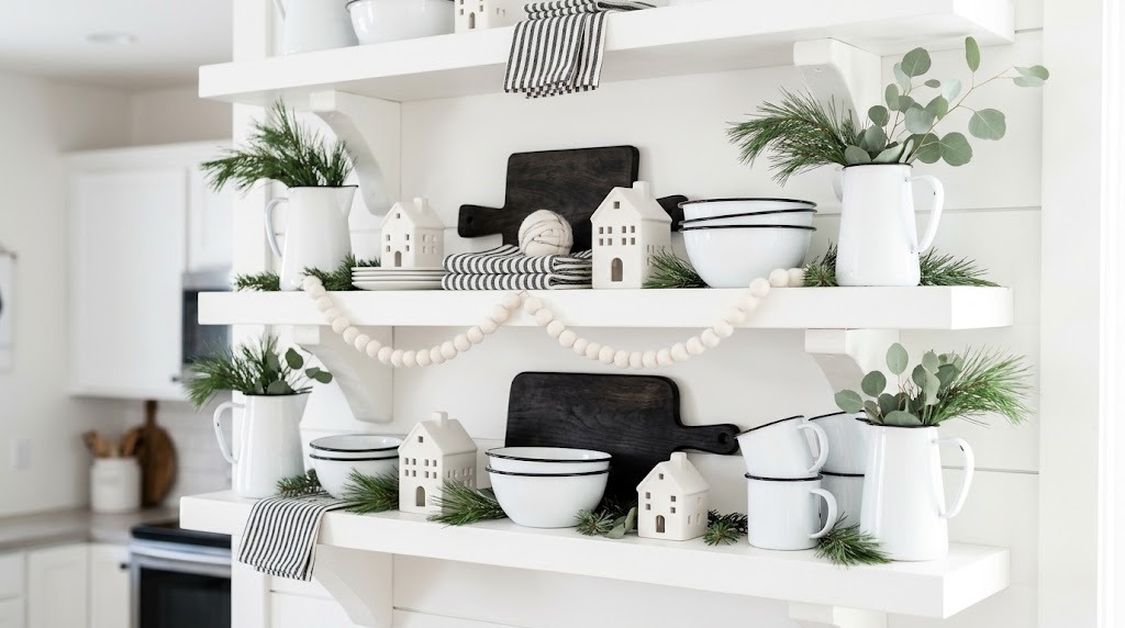 Open white kitchen shelves with enamelware, ceramic houses, pine sprigs and a white felt ball garland
