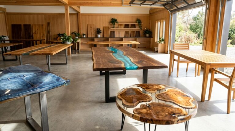Blacktail studio tables inspired showroom with a blue resin river table, a round resin coffee table, a denim top table and an outdoor table