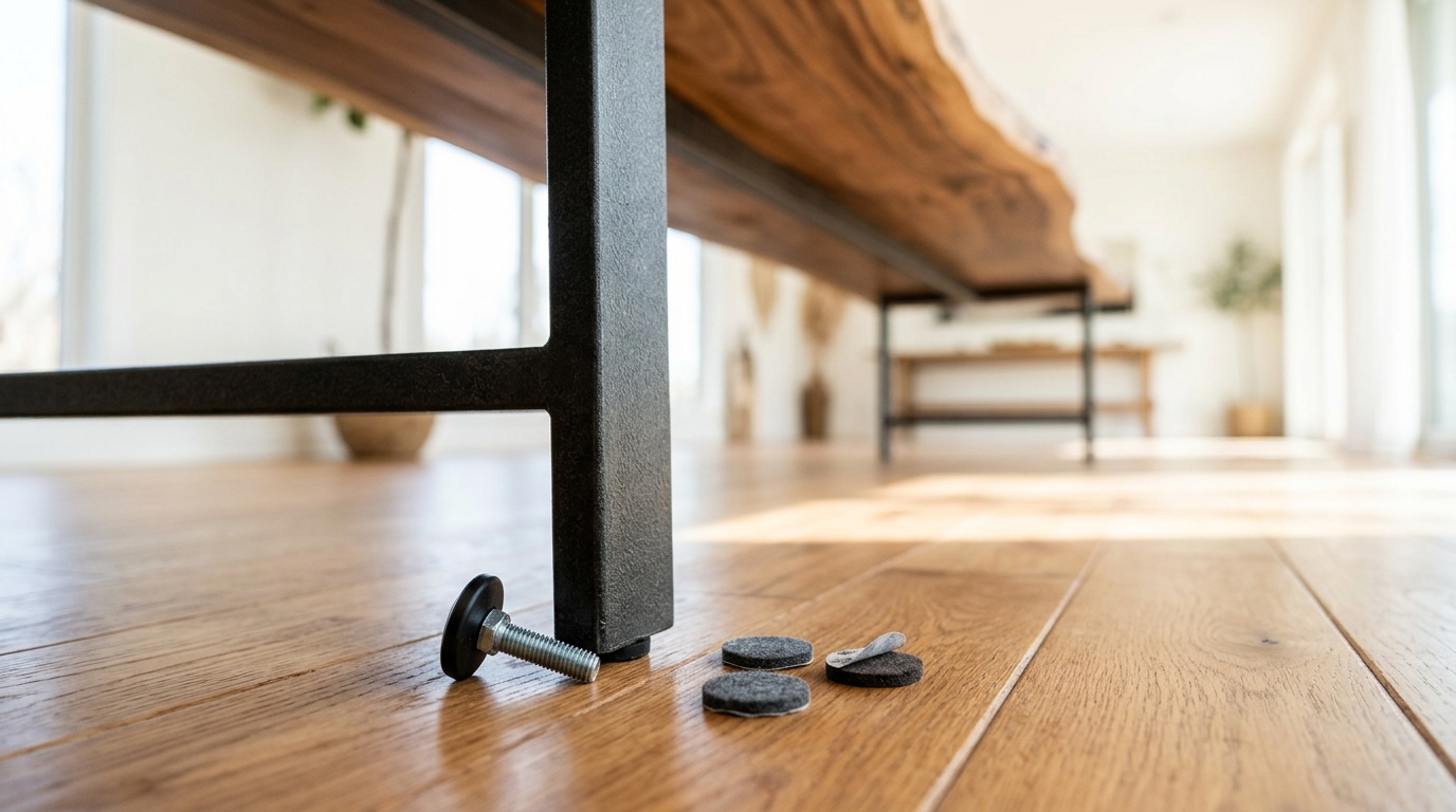 Close up of a wood table leg on a hardwood floor with felt pads and a small leveling foot beside it