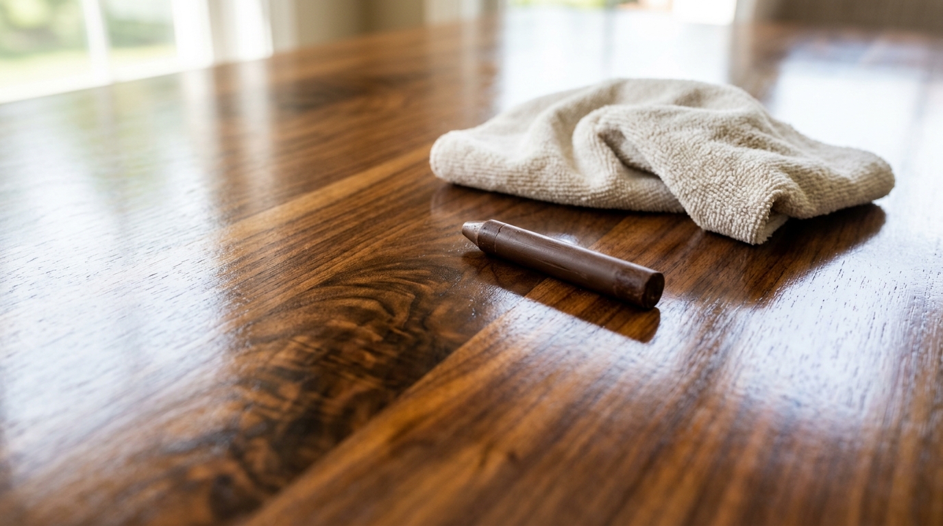 Glossy walnut tabletop close up with a wax filler stick and a soft cloth on the surface