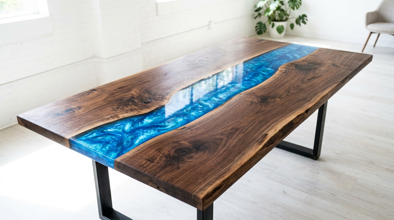 Blacktail studio tables style live edge river table with a bright blue glossy resin river between two walnut slabs