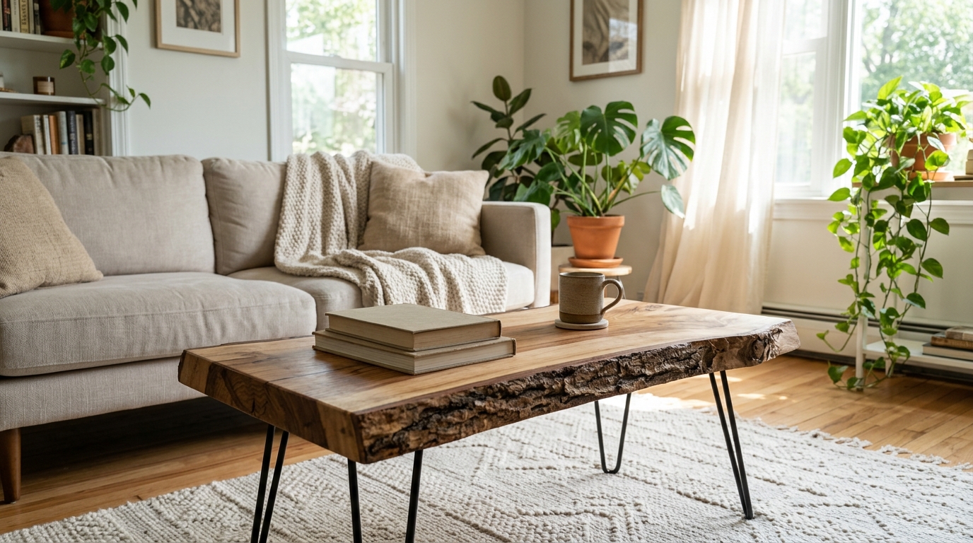 Blacktail studio tables inspired low live edge wood slab coffee table on black hairpin legs in a cozy living room with a sofa and plants