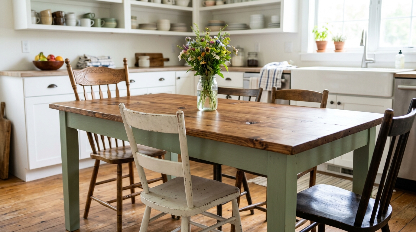 Budget farmhouse dining table with a freshly stained wood top and sage green painted legs in a bright kitchen