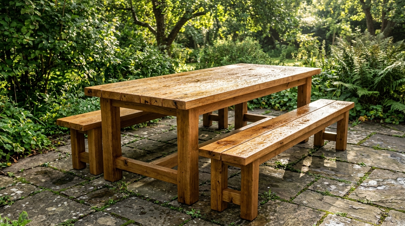 Blacktail studio tables style thick oiled hardwood outdoor dining table on a stone patio with water beading on top