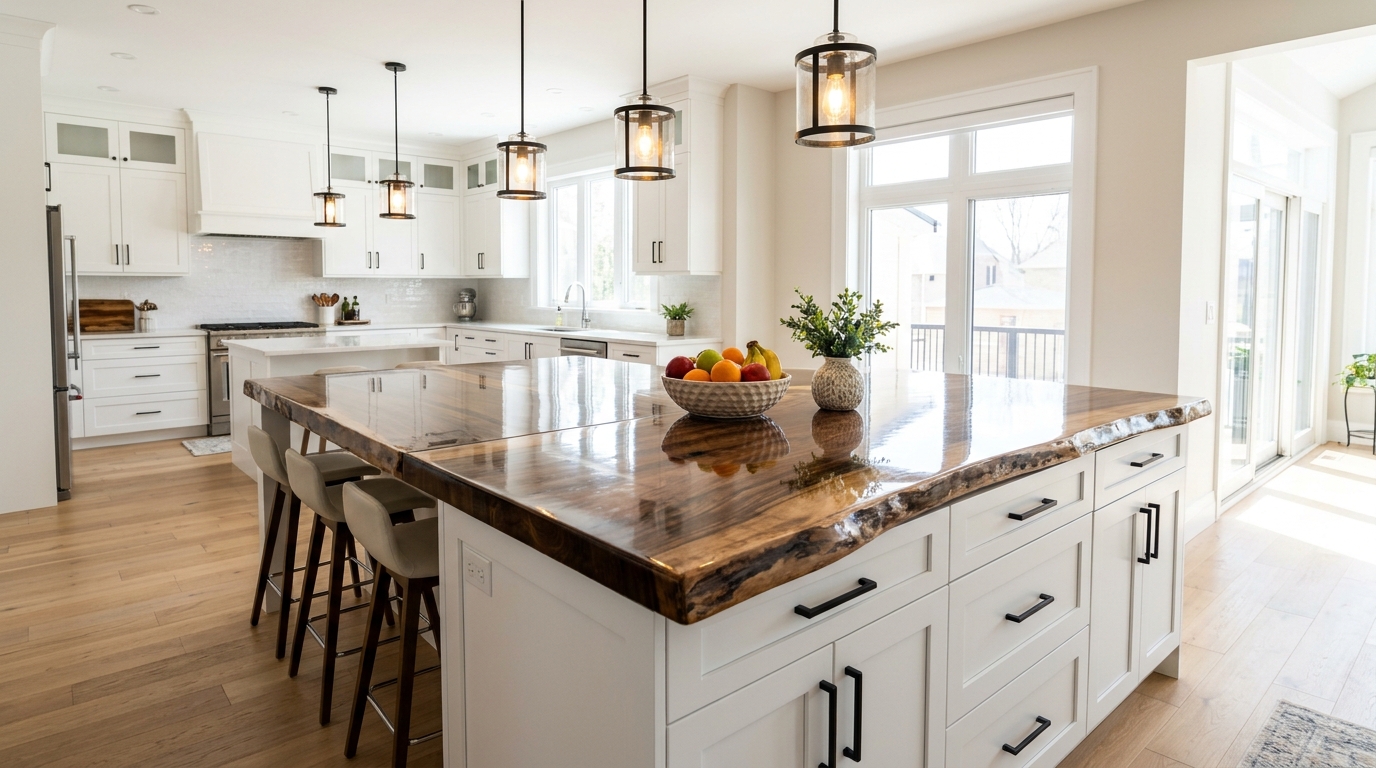 Large kitchen island with a thick glossy live edge walnut countertop and white cabinets in a bright kitchen