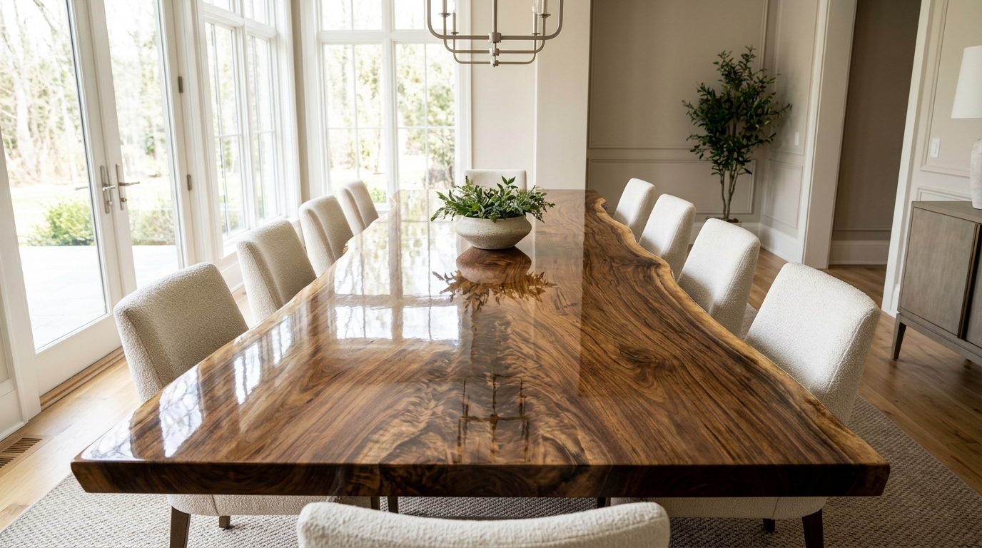 Blacktail studio tables style glossy live edge walnut dining table with a mirror smooth finish in a bright dining room