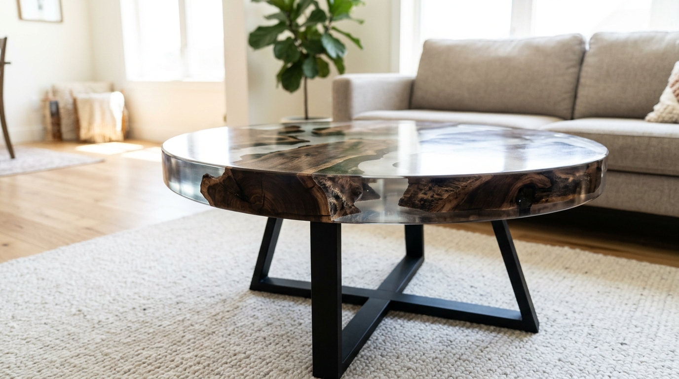Round coffee table with dark wood pieces floating in clear epoxy resin on a light rug