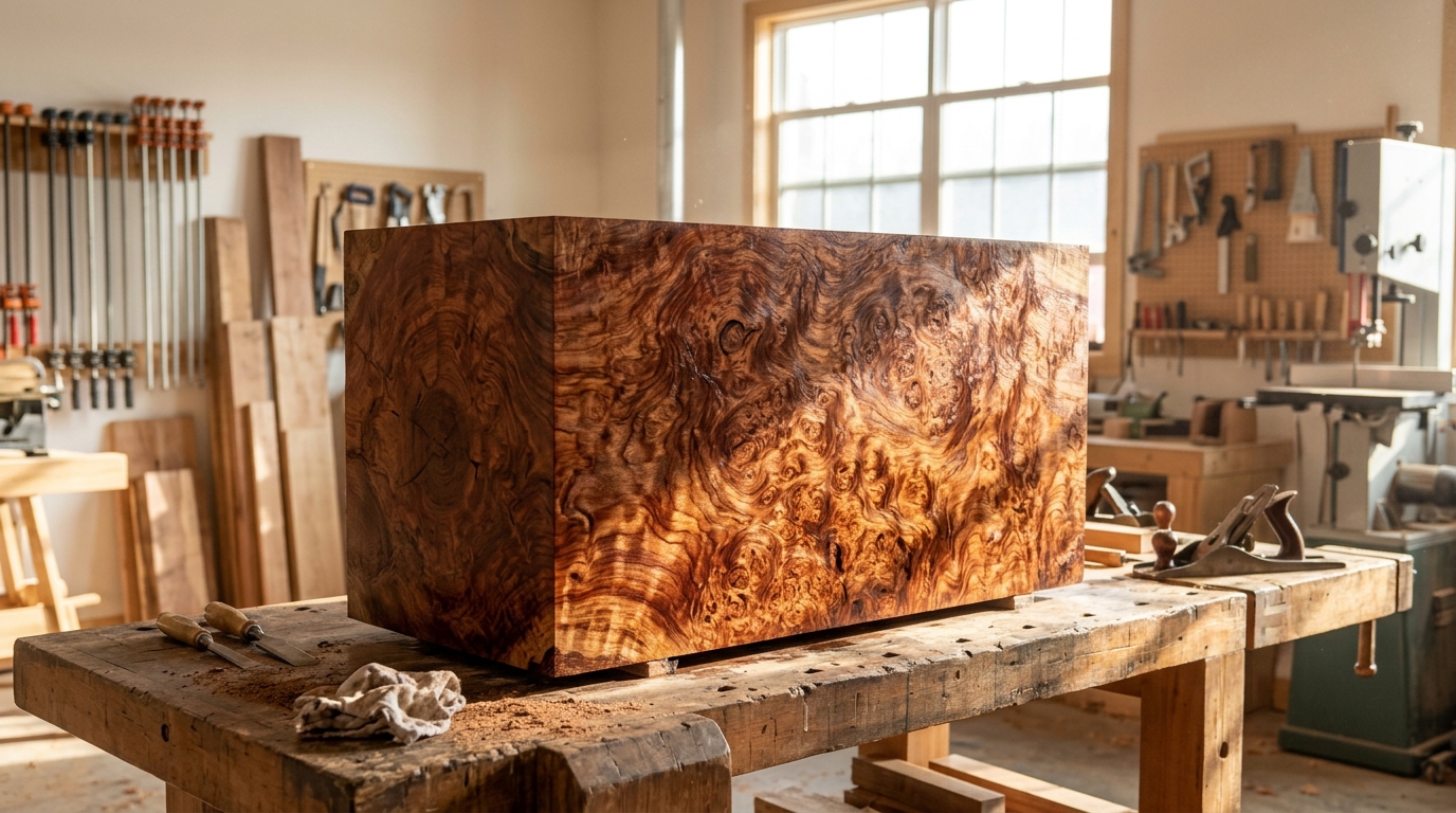 Large block of reddish wood with swirling burl grain on a workbench in a bright workshop