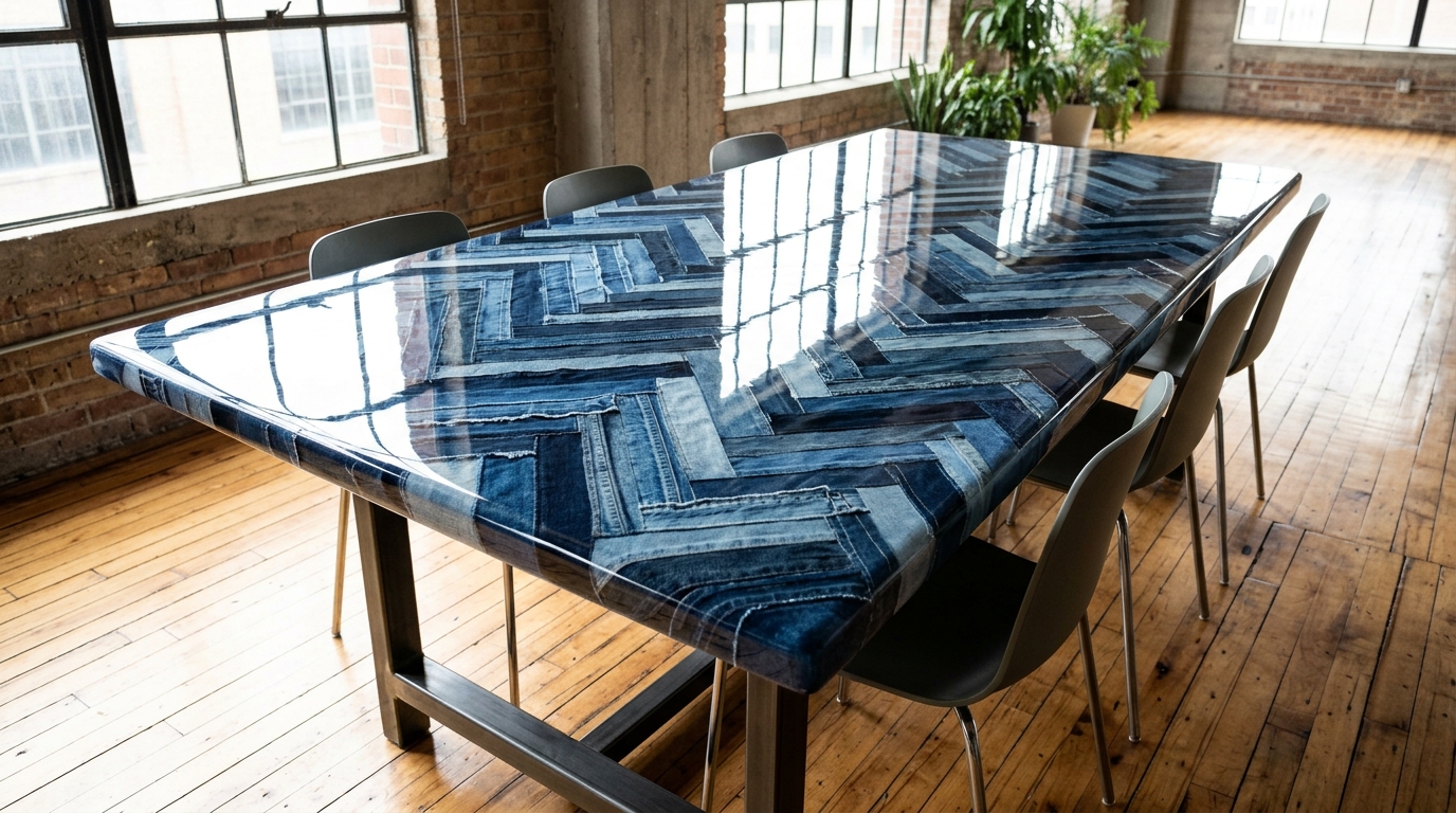 Blacktail studio tables inspired dining table top made of blue denim strips sealed under clear glossy resin