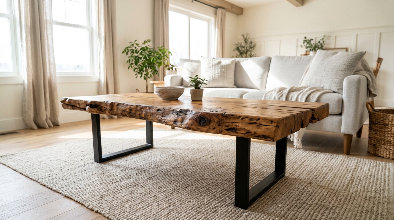 Rustic live edge wood coffee table with dark knots and cracks on black steel legs in a farmhouse living room