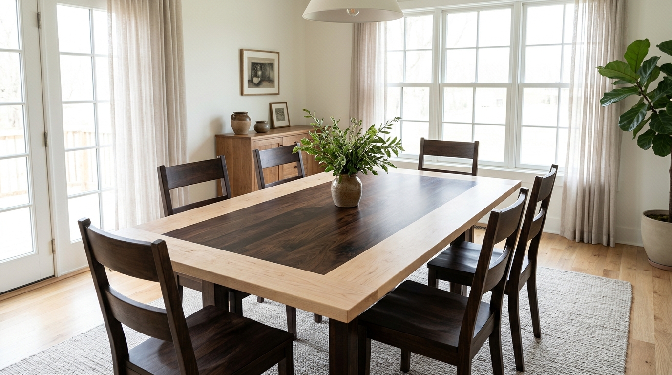 Dining table with light maple edges and a dark stained center panel in a bright dining room