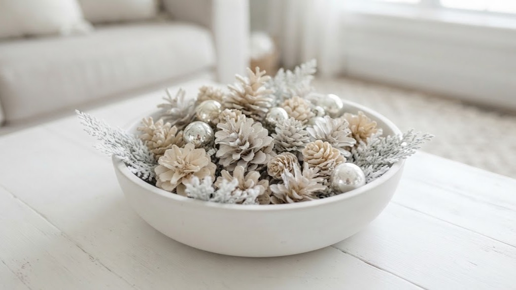 A white bowl of pale whitewashed pinecones with silver ornaments and flocked greenery
