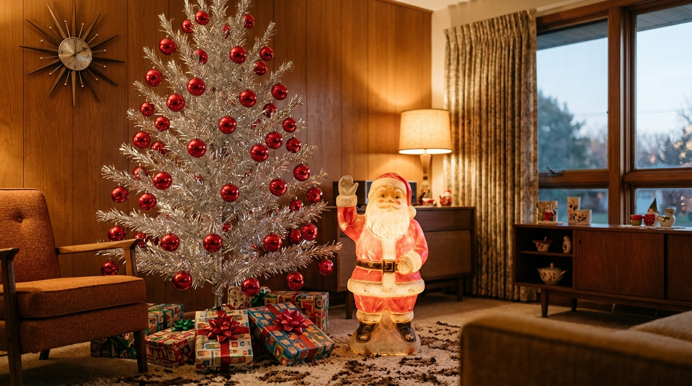 Christmas blow molds Santa glowing beside a silver aluminum tree in a retro living room