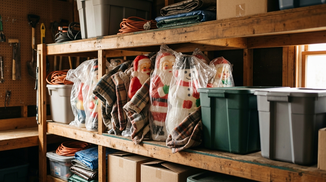 Vintage blow molds wrapped in soft blankets and bags on a tidy garage shelf