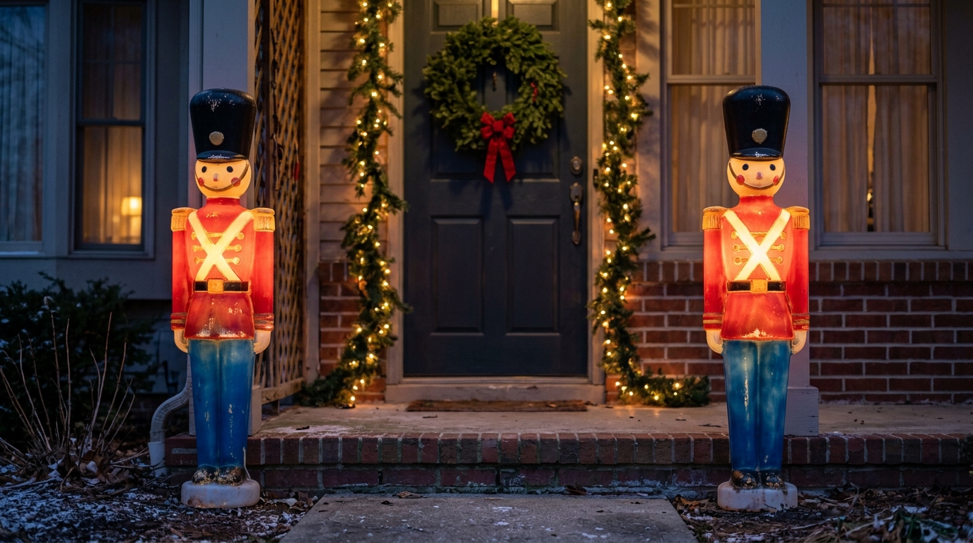 Two glowing toy soldier blow molds standing on each side of a front door
