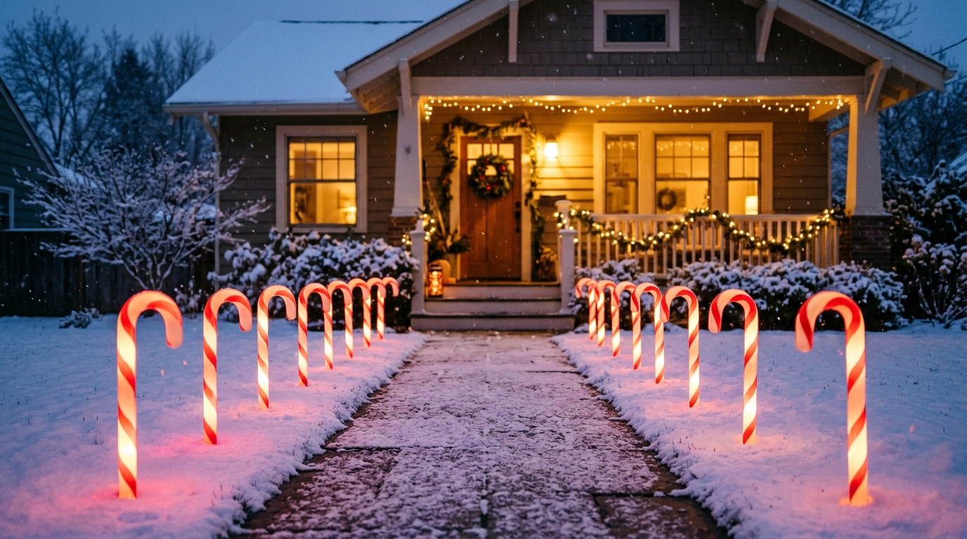 Christmas blow molds shaped like candy canes lining a snowy front walk