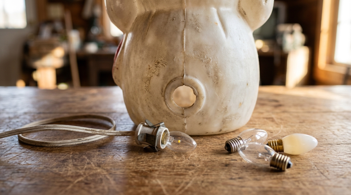 Back of a hollow blow mold with a light cord and spare LED bulbs on a table