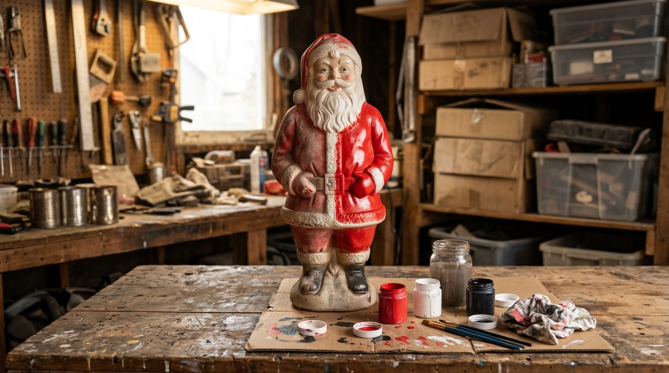 Faded Santa blow mold on a workbench being repainted with red acrylic paint