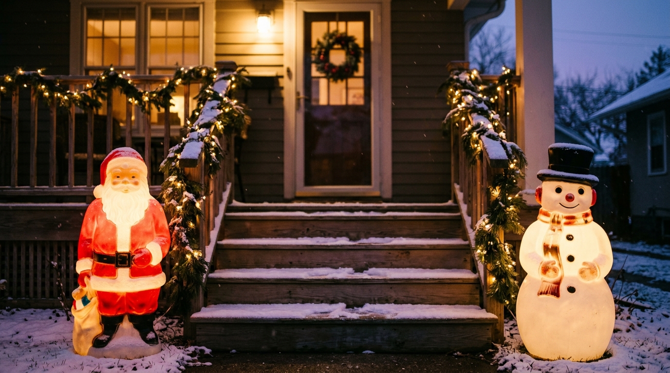 Glowing Santa and snowman blow molds on each side of snowy porch steps