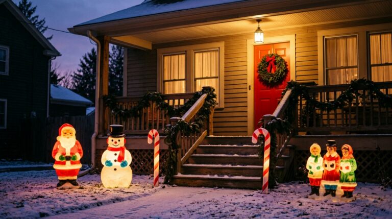 Christmas blow molds glowing on a vintage porch with Santa, a snowman, candy canes and carolers