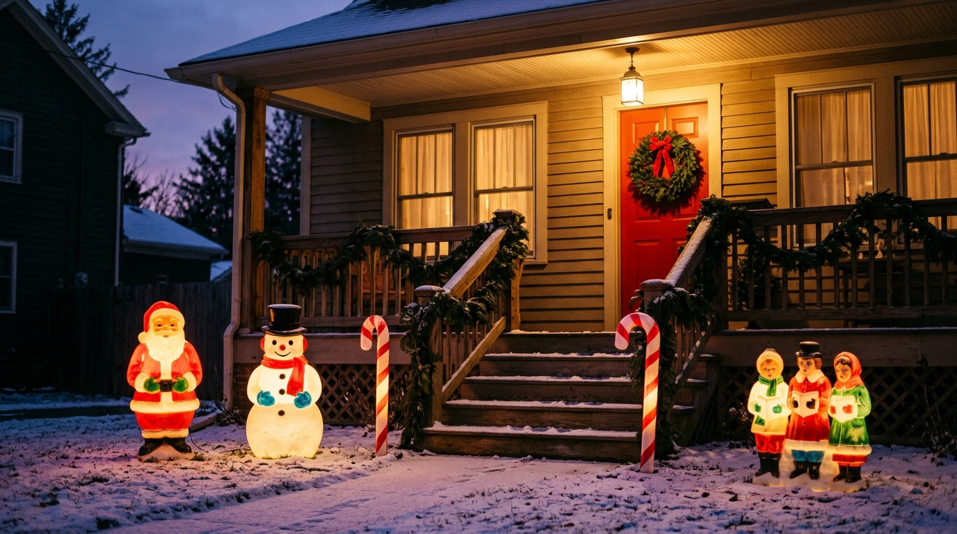 Christmas blow molds glowing on a vintage porch with Santa, a snowman, candy canes and carolers