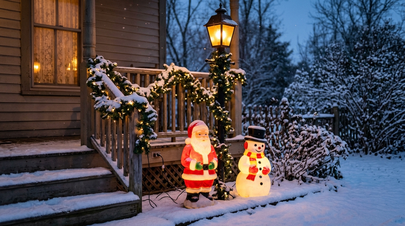 Santa and snowman blow molds beside a garland wrapped lamp post on a porch