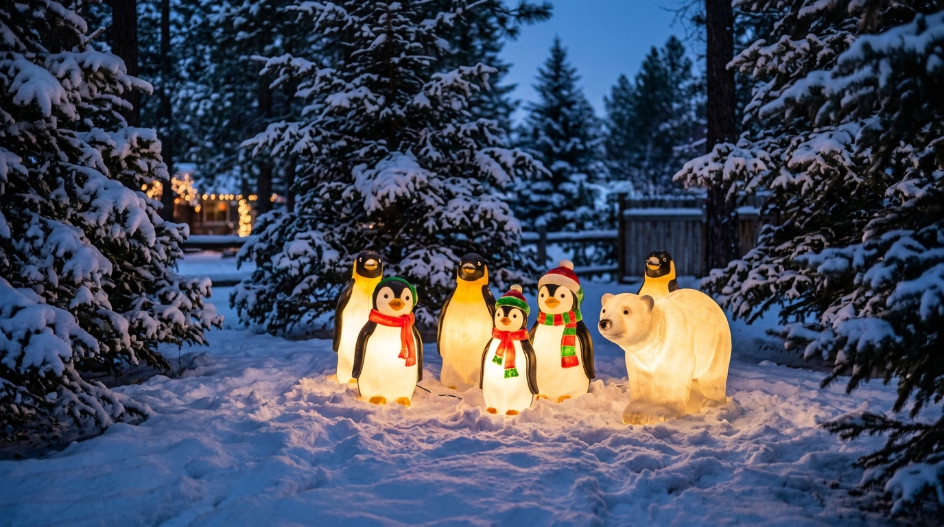 Christmas blow molds of penguins and a polar bear glowing in a snowy yard