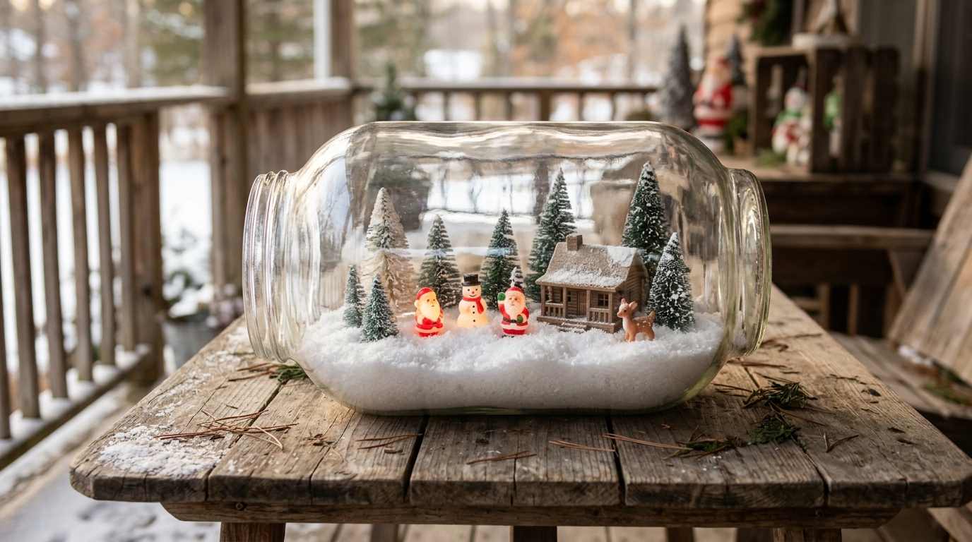 Tiny glowing figures and mini trees inside a big glass jar on a porch table