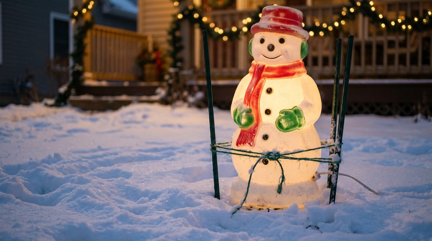 Glowing snowman blow mold held steady with green garden stakes and twine in the snow