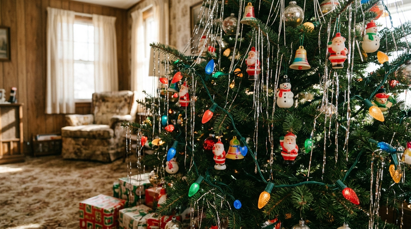Vintage style Christmas tree with tiny blow mold style ornaments and big colored bulbs