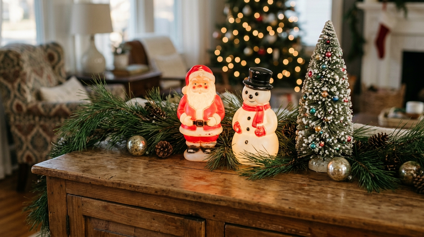 Small Santa and snowman blow molds on a wooden sideboard with a bottle brush tree