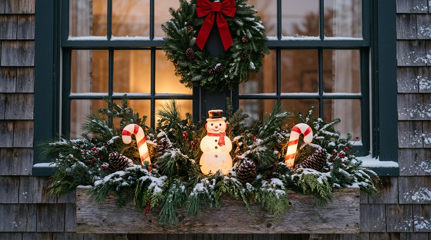 Christmas blow molds in a window box with pine branches under a front window