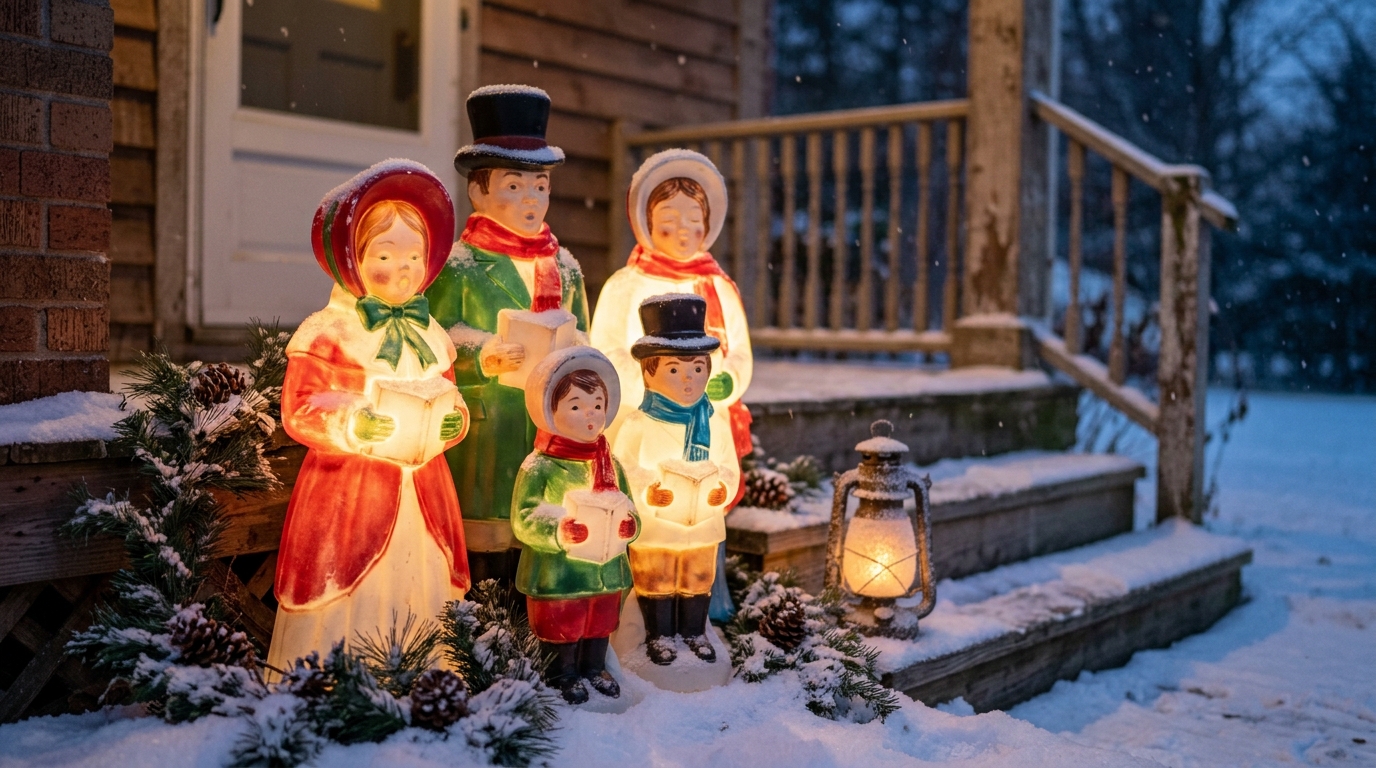 Christmas blow molds of glowing carolers grouped on snowy porch steps