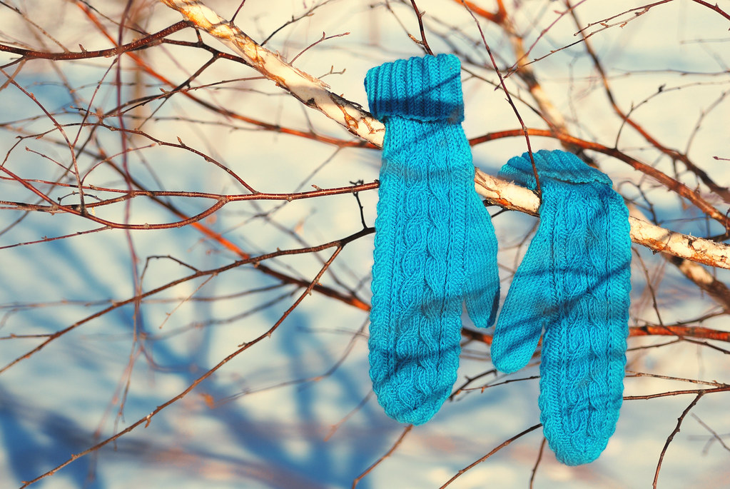 Blue cable knitted mittens hanging on a winter branch