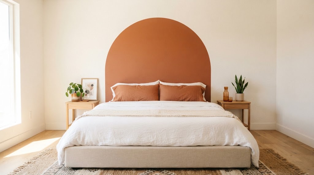 Bedroom makeover ideas: terracotta painted arch headboard on a white wall